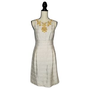 Eliza J Dress Cream Yellow Jeweled Scoop Necline Sleeveless Silk Women's Size M